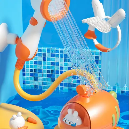 MOREFEEL 0-3 Years Baby Submarine Bath Toy - 2-in-1 Shower Head & Silicone Brush with Gentle Hair Rinse, Floating Bathtub Sprayer, Flexible Hose, Suction Cups, ABS Material, Waterproof Battery, Wall-Mount Wall-Stick Storage,sohochic