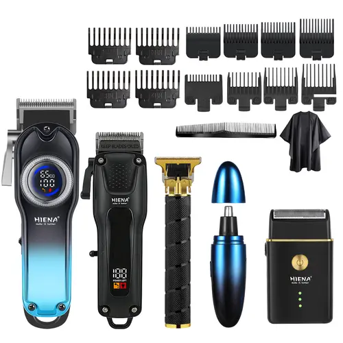 5-piece  Professional Hair Clipper & Trimmer Kit for Men LCD Display Cordless Hair Cutting Machine T-Blade Trimmer Nose Hair Shaver Foil Shaver with Guide Combs Cape Complete Grooming Set for Men Home Barber Use Supports USB charging, Haircuts, Barber Enh