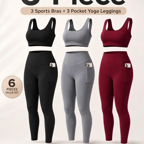 OKP Women's 6-Piece Sporty Sportswear Set - Matching Tank Tops + High-Waist Pocket Leggings, Moisture-Wicking Activewear for Yoga Gym, Back to School Haul Outfits, Leggings Women,sohochic