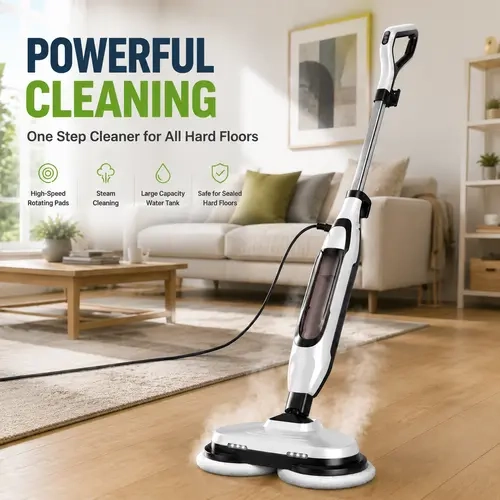 Sweetcrispy Dual-Head Corded Steam Cleaner Mop with Power Cord, Rapid Heating 30s Quick Heat Start, LED Display, 2 Spinning Machine-Washable Pads, Visible Water Volume, Easy Refill Cup, Quick-Dry for Hardwood, Tile Floors (Steam Cleaner for House)