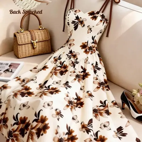 Women's Apricot Brown Floral Print Vintage Spaghetti Strap Halter A-Line Dress, Evening Party Dress, Summer Elegant Flowy French Bohemian Dress for Beach Music Festival Holiday