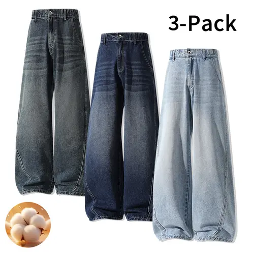 3‑Pack Men’s Washed Wide‑Leg Jeans, Elastic Back Waist, Loose Straight‑Cut Retro Denim Pants, Multi‑Pack