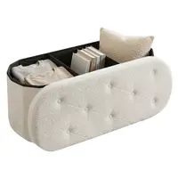 Sweetcrispy Folding Storage Ottoman Bench, Oval Round Ottoman End of Bed Foot Rest Bench Stool with Cushion, Storage Chest for Bedroom, Living Room, Entryway