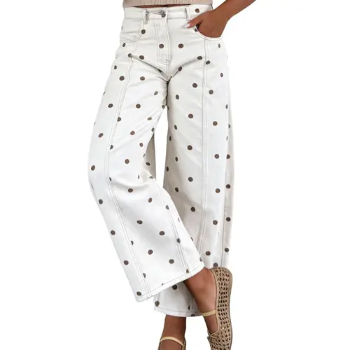 Chouyatou Women's Polka Dot Mid-Rise Barrel-Leg Jeans Y2K Casual Mid-Rise Wide-Leg Jeans with Pockets