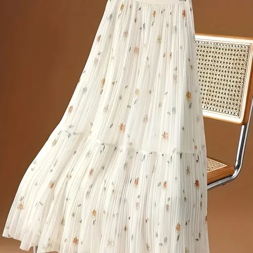 Women's Small Floral Embroidered Pleated Tiered Mesh Long Skirt, High Waist Elastic Flowy A-Line Chic Elegant Aesthetic Dress, All Seasons Summer A Line Skirts