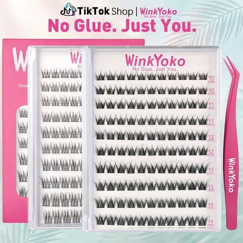 Self Adhesive Natural Lash Clusters  with Tweezers-Fishtail Styles, WinkYoko No Glue Needed Beginner Friendly Lashes, C Curl Diy Lash Extension, 10-14mm Mixed Length Individval Eyelash Extension, Pre-Glued Long Lasting Lightweight Wispy Cat Eye Look