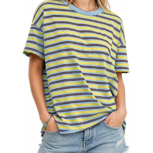 Fisoew Lady's Basic Colorful Striped Oversized Jersey T-Shirt - Crew Neck, Drop Shoulder, Short-Sleeve, Comfortable Loose Casual Summer Top