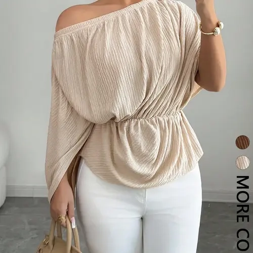 Elegant High-Quality Women's Fitted T-Shirt, Textured Fabric, Waist Cinch Design, Casual Style, Spring & Fall Fashion