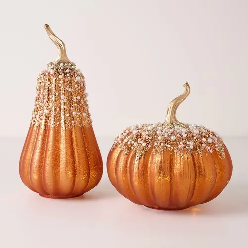 2Pc Lit Pearl & Glittered Mercury Glass Pumpkin & Gourd by Valerie