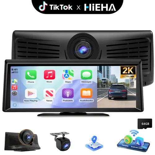 【HiEHA】8.14" HD Wireless CarPlay Portable Stereo, Supports YouTube & TikTok, 2K Front Dash Cam + 1080P Backup Camera, Apple CarPlay & Android Auto, GPS, Mirror Link, Bluetooth/FM/AUX, Plug and Play, 64GB TF Card Included, Cars, Da