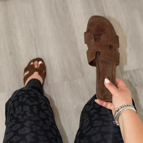Grecia - Women’s Faux Suede Square Toe Slide Sandals, Comfortable Flat Walking Shoes, Lightweight Casual Open Toe Footwear for Everyday Wear, Vacation, Travel & Relaxed Summer Outfits
