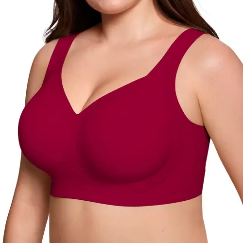 Vertvie Jelly Bras Wine Red, Wireless Comfy Full Coverage Bra Seamless Classic T-Shirt Bra Adjustable Everyday Bra Plus Size S-5XL Essential Womenswear