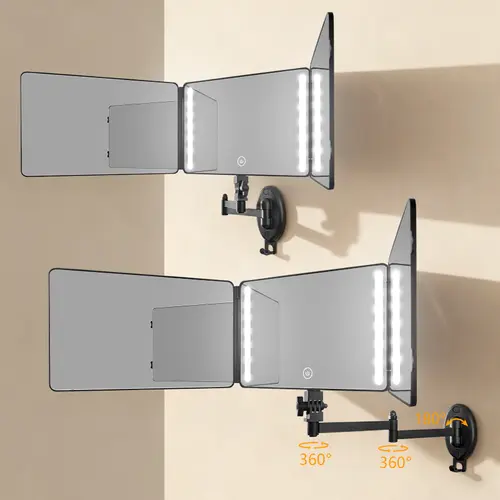Umitec Rechargeable 1500mAh Adjustable LED Illumination Glass Trifold Mirror - Small Wall-Mounted, Portable 360-Degree Mirror with Protective Film for Shaving, Makeup