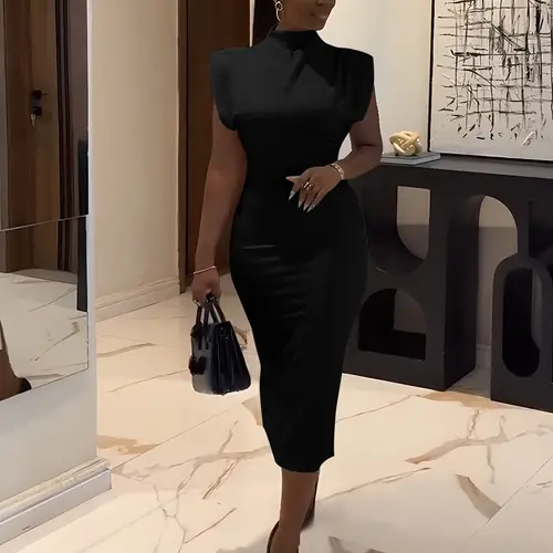 USBOUTIQUE CHIC Women's Breathable Fabric Stretchy Mock Neck Cap Sleeve Curvy-Friendly Bodycon Midi Dress, Casual Everyday Wear