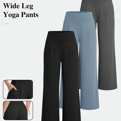 Women's 3-Pack High Waist Flowy Wide Leg Jogging Pants with Pockets - Stretch Lounge, Comfy, Casual Sporty, Athletic Joggers Pants for Casual, Sports Use