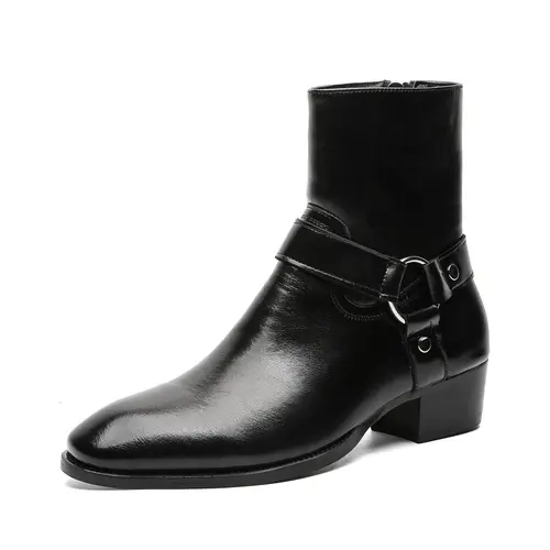 Men's Pointed Toe Chelsea Ankle Boots - Closed, Modern Footwear, Synthetic PU Upper, Eye-catching Buckle Ornament, European Casual Walking Shoes, Rubber Sole, All Seasons, Style 66650-J