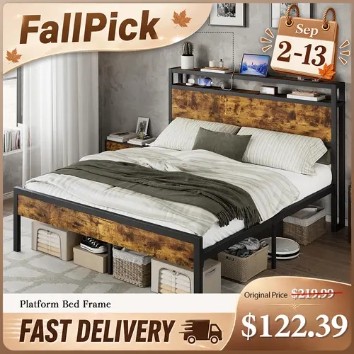 VanAcc Bed Frame with Storage Headboard & Charging Station, Industrial Metal Platform Bed with Large Under-Bed Storage, Heavy Duty Slats, No Box Spring Needed #SohoChic