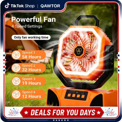 Qawtor 2026 Upgraded Cordless Outdoor Camping Fan - 20000mAh Rechargeable, LED Light, 360-Degree Adjustable Rotatable Head, Sturdy 360° Rotating Hook, Lightweight Portable for Camping, dealsforyoudays
