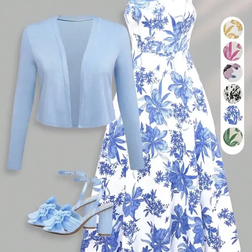 Women's French Style Printed Long Dress Set, Casual Romantic Summer Dress for Dates, Vacation and Beach Photoshoot