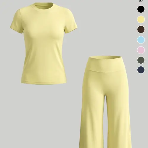 Women's Sporty 2-Piece Set, Solid Color Short Sleeve Top + 7/8 Pants, Fitted Round Neck T-Shirt, High Waist Wide Leg, Yoga & All Seasons