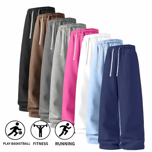 Men’s wide-leg athletic pants, solid color drawstring loose casual jogging pants, soft and comfortable athletic casual long pants, suitable for everyday workouts and leisure wear, available in multiple colors. Menswear Plain