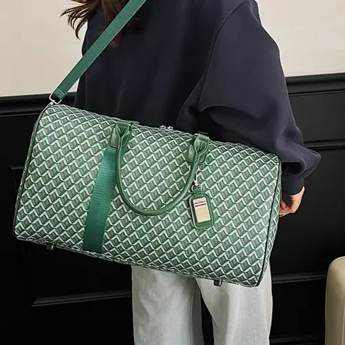 Vintage Geometric Jacquard Large Capacity Travel Weekender Duffle Bag, Detachable Shoulder Strap, Lightweight Fitness Bag, Travel Duffel Bags with PU Leather Accents