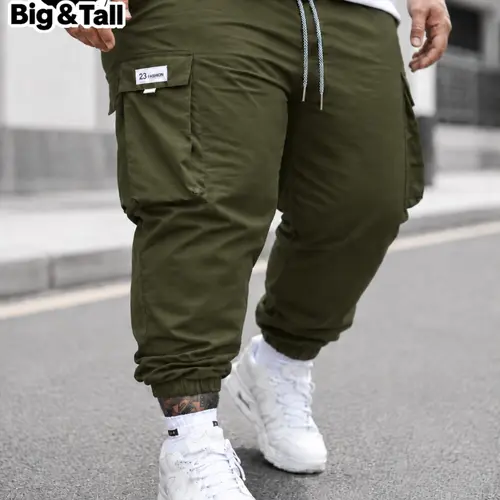 Large Size Men's Plain Casual Cargo Pocket Pants, Fashionable Athletic Loose Fit, Comfortable Daily Wear, Ideal for Outdoor Activities, Running, Everyday, Activewear