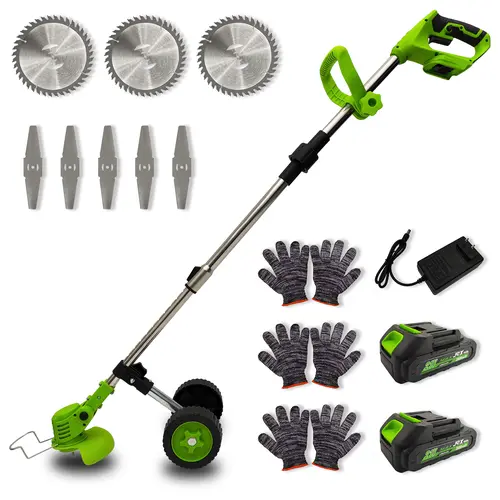 JQX 21V Max Cordless Weed Wacker with Wheels - 3-in-1 Electric Trimmer, Telescopic Adjustable Shaft Brush Cutter, Tungsten Steel Saw & Metal Blades, Batteries Included, Lock-Off Button, Women-Friendly Grass Cutter for Yard Work