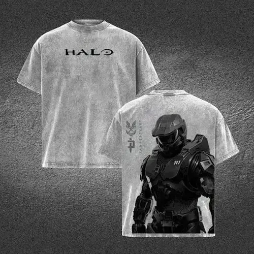 Halo Master Chief Double Printed Acid Washed Tee Vintage Gaming Graphic T Shirt Oversized Loose Fit Soft Cotton Short Sleeve Crew Neck Retro Streetwear Lightweight Casual Daily Wear Trendy Gamer Top Holiday Gift for Men Women