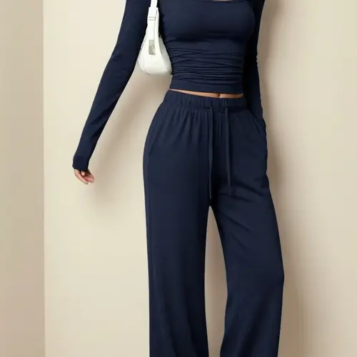 Women's Slimming Simple 2-Piece Casual Set - Square Neck Long Sleeve Cropped Basic Top, Slightly Wide Pants, Skin-Friendly High-Stretch Knit Fabric, Ruched Slim Fit Chic Design, Versatile for Everyday Wear & Commuting, Women's Casual 2 Piece Sets,sohochic