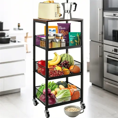 3-Tier Quick Access Organizer Storage Kitchen Cart with Sturdy Wood Top, Rustproof Metal Frame, Locking Castors, Airy Mesh Baskets - Rectangle Home Organizer Rack, Single Unit Boxed Set for Kitchen Pantry Jars