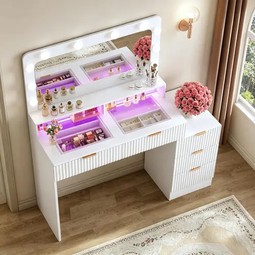 White Fluted Makeup Vanity Desk with Mirror, Lights, Glass Top, Nightstand, 5 Drawers, 3-Color Adjustable Brightness & Power Outlet