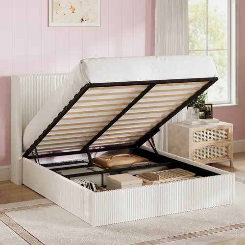 SHA CERLIN Corduroy Upholstered Lift-Up Storage Bed Frame, Hydraulic Gas Lift Platform Bed with Wingback Headboard, No Box Spring Needed, Queen Bed Frame, sohochic
