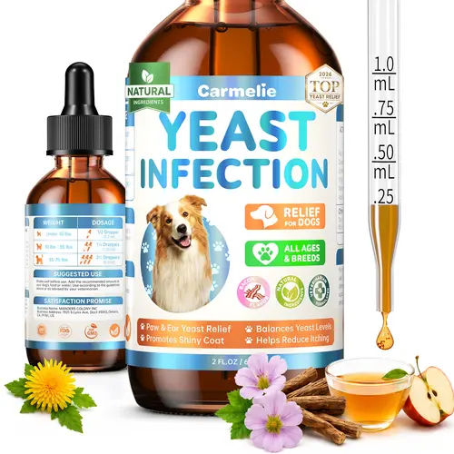 Carmelie Botanical Plant-Based Yeast Infection Treatment Drops for All Dogs (All Sizes, Ages) - Fast Absorb, Allergy Relief, Ear/Paw/Skin Care, Itch Relief, Skin & Coat Support, Bacon Flavor, 60ml, Daily Use,sohochic