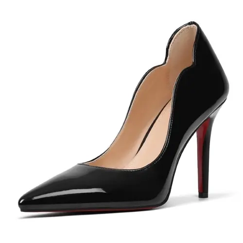 Custom Made Scalloped Edge Red Bottom Pointed Toe Stiletto Heels Women Glossy Black Patent Leather Slip On Pumps Comfort Anti Slip Formal Dress Shoes For Wedding Office Date Party Wide Foot Ladies Daily Footwear,sohochic