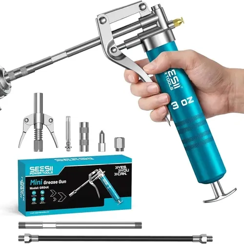 Seesii Mini Grease Gun 3 oz, 4000 PSI Portable Small Grease Gun Kit with Upgraded Air Bleed Valve for Easy Priming, Works with Cartridge & Bulk Grease, 4 Reinforced Couplers for Automotive, Marine