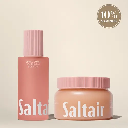 Saltair Coral Coast Radiance Duo - Vitamin C Oil-Infused Body Scrub (18.5 fl oz / 524 g) , Body Oil (4.0 fl oz / 118 mL) - Coconut, Water Lily, Guava