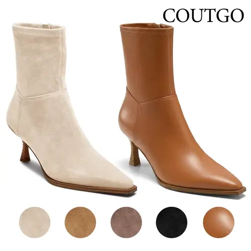 Coutgo Womens Kitten Low Heel Ankle Boots Pointed Toe Side Zipper Short Booties Fall Shoes