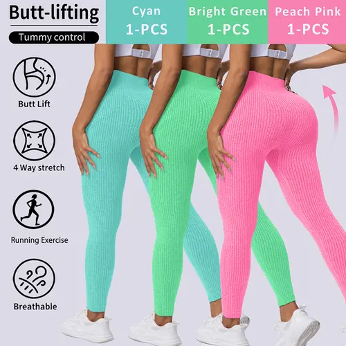 Fashion Candy Colors Women High-Waisted Butt-Lifting Tummy-Control Leggings, Soft Comfortable Breathable Elastic Ribbed Texture Sport Pants, Gym Workout Yoga Fitness Leggings, Suitable For Casual and Versatile Styles, Everyday Wear Must-Have For Wardrobe,