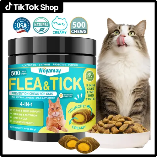 Woyamay Cat Flea & Tick Prevention Chewables, 4-IN-1 Chicken Flavor Daily Supplement with Probiotics, Pumpkin, Vitamin B, Oil - Supports Immune, Skin & Coat, Digestion & Gut Health for All Ages & Breeds