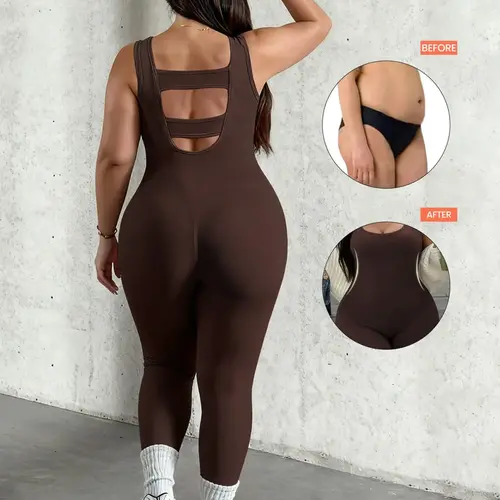 Plus Size U-Neck Hollow Out Back Jumpsuit for Women, High Stretch Breathable Fitness Wear, Ideal for Yoga, Gym, Daily Use