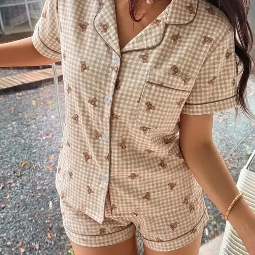 Women's Pajama Set, Short-Sleeve Top with Pocket, Plaid & Bear Print, Bow-Detail Shorts, Casual Fitted Sleepwear for All Seasons, Loungewear