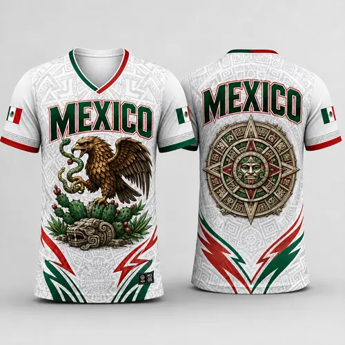 Men's V-Neck Short-Sleeve T-Shirt - Fan-Inspired Aztec Motifs, Bold Eagle Print, Eagle Serpent Front, Back Calendar, Flag Sleeve Flair, Cactus Art Detail, Casual Streetwear Menswear Sports Outdoor Top