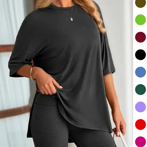 Women's Solid Color 2-Piece Set, Round Neck Loose T-Shirt and Pocket Tight Shorts, Comfort Summer Loungewear Pajamas, Suitable for Outdoor Wear