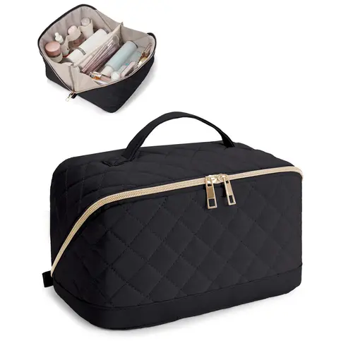 Wandering Nature Travel Makeup Bag,Travel Make up Bag with Large Capacity,Quilted Makeup Organizer Bag, Open Flat Travel Toiletry Bag for Women Cosmetic Bag with Divider and Handle,Patent Pending