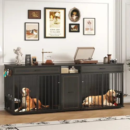 【2Packages Shipping】86.6" Dog Crate Furniture Large Breed TV Stand with Double Rooms, Wooden Dog Kennel Furniture with Dog Bowl, 2 Drawers and Cabinet for Large Medium Dogs, Black/Brown