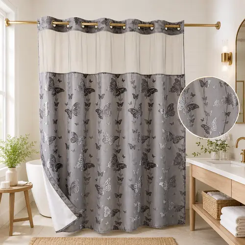 Silver No Hook Double-Layer Butterfly Flocked Shower Curtain,Mesh Top Window，Mesh Top Window, Hook-Free Design, Easy Installation, Farmhouse, Hotel, Modern Home Decoration, 72x75i
