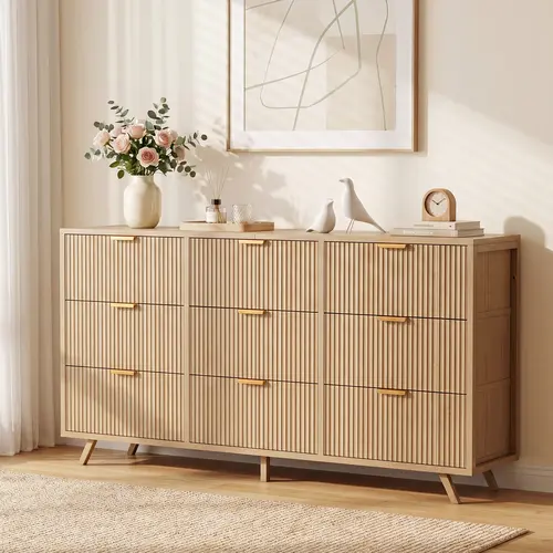Sweetcrispy Golden Sturdy 9-Drawer Fabric-Lined Chest of Drawers, 57" Fluted Wooden Storage Cabinet with Reinforced Base (22 lbs), Modern Media Console for 35/45/55-Inch TVs, Bedroom Decor Furniture