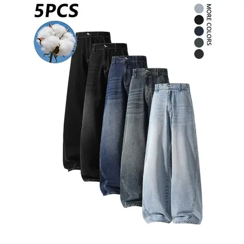5 Pack Men's Loose Fit Straight Simple Casual Denim Jeans,Unisex Versatile Trouser,Plain Vintage Pants,striped patchwork design,For Daily Wear,For Fall Menswear,available in 5 pack & 4 pack & 1-pack options,Please place an order according to size chart