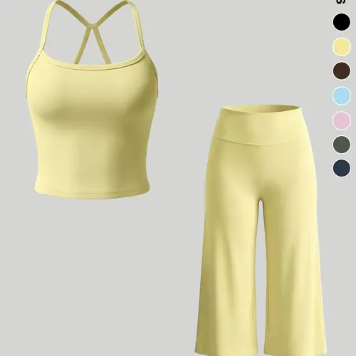 Women's Sporty Fitted Tank Top & High-Waisted Wide-Leg Pants Set, Breathable Solid Color, Ideal for Yoga, Casual Wear, Home Comfort